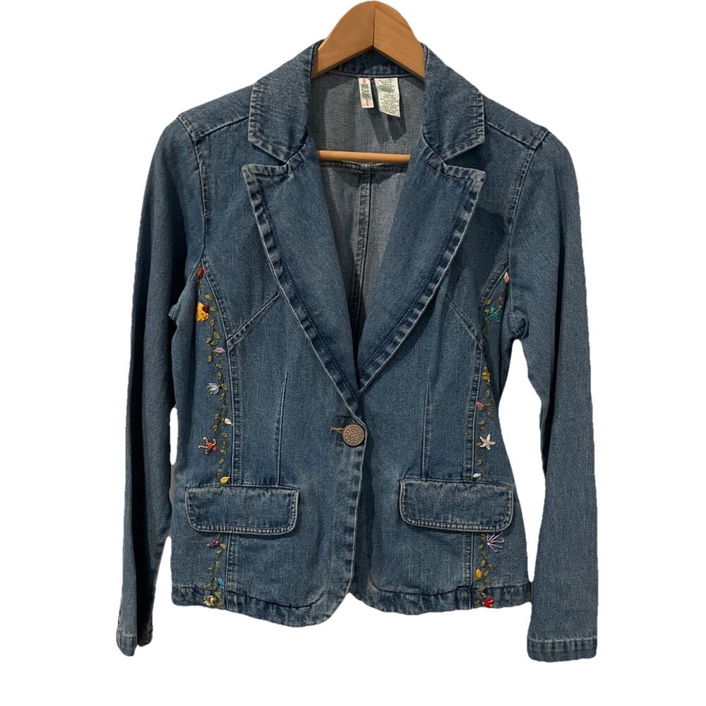 Vintage Bill Blass Womens Denim Floral Embroidery Jean Jacket Size Small